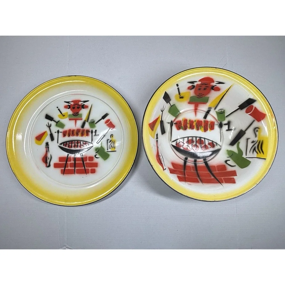 VTG MCM Enamelware Metal Grilling BBQ Serving Tray Bowl‎ Set Retro Atomic Tiki